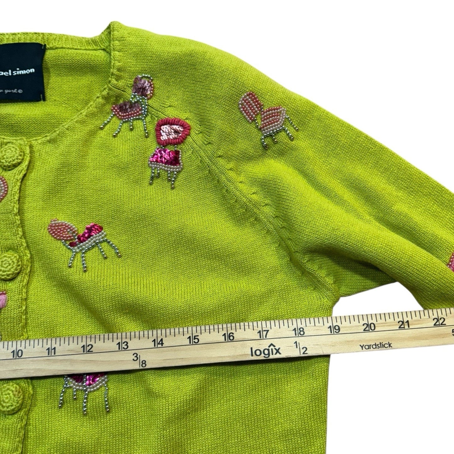 Michael Simon Women’s Small Green Sweater Pink Beaded Chairs Pop Art Design