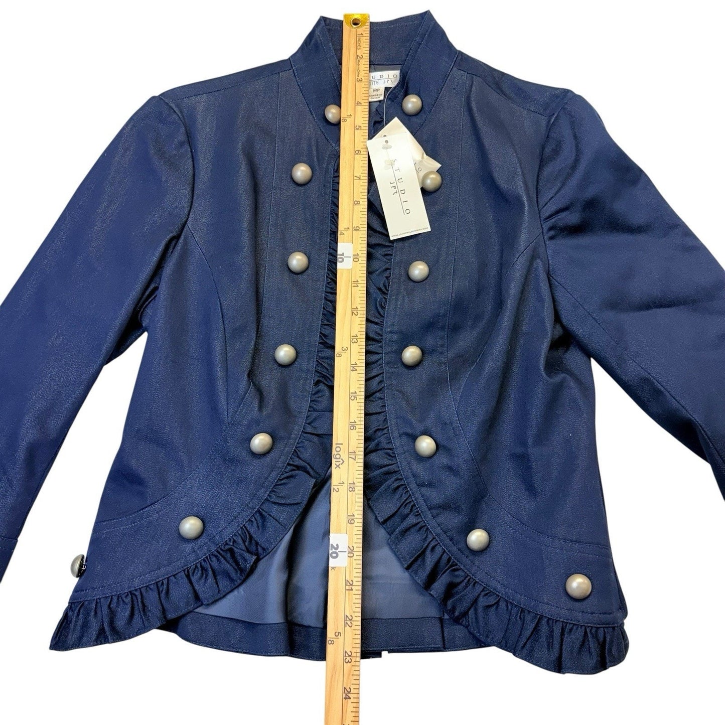 Studio M Petites Navy Military Ruffle Jacket MP Gold Buttons Women's