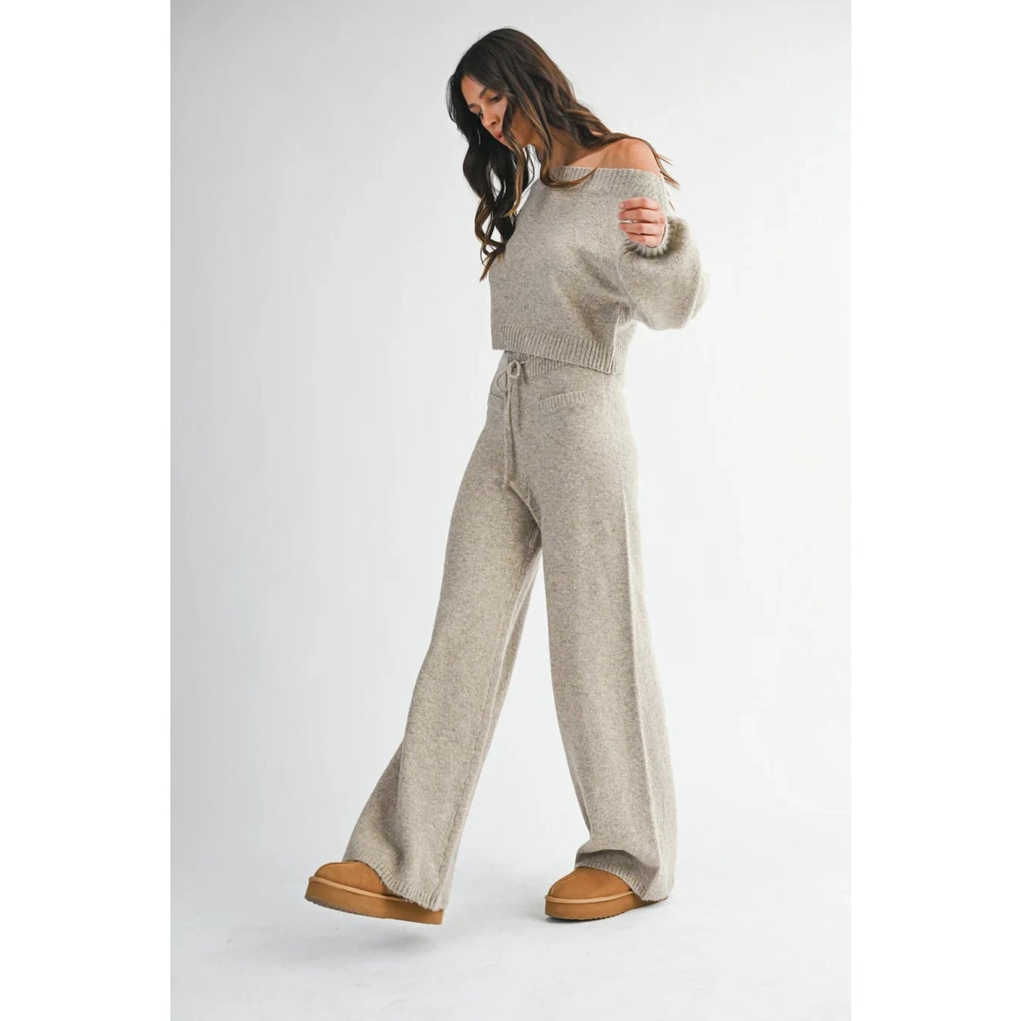 Mable Women’s Latte Mocha Knit Lounge Set Off Shoulder Crop Sweater Pants NEW