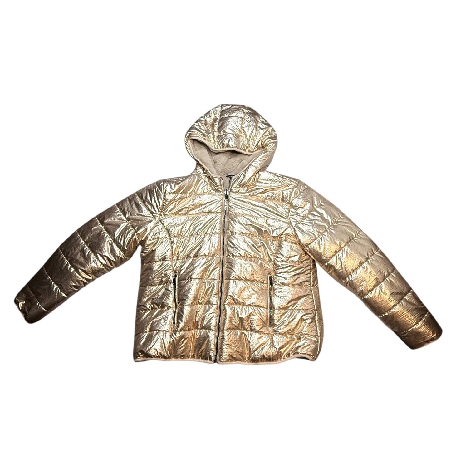 Tribal Reversible Puffer Jacket XL Champagne Metallic Faux Fur Lined Hooded NWT Women's