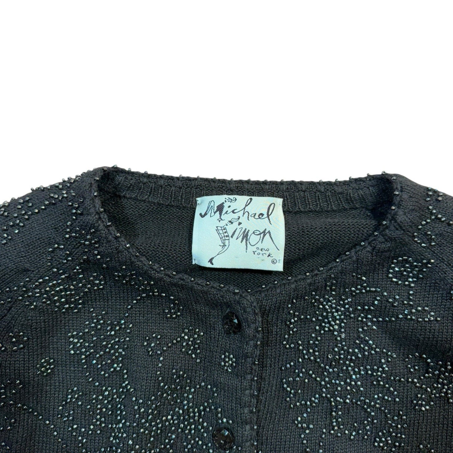 Michael Simon Women’s Small Black Sweater Beaded Floral Cardigan Vintage