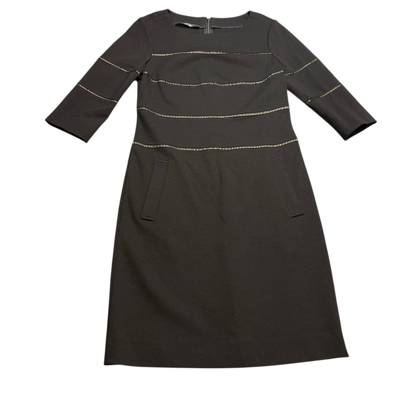 Per Se by Carlisle Women’s Black Knit Dress Size 0 3/4 Sleeve Gold Stitch Detail