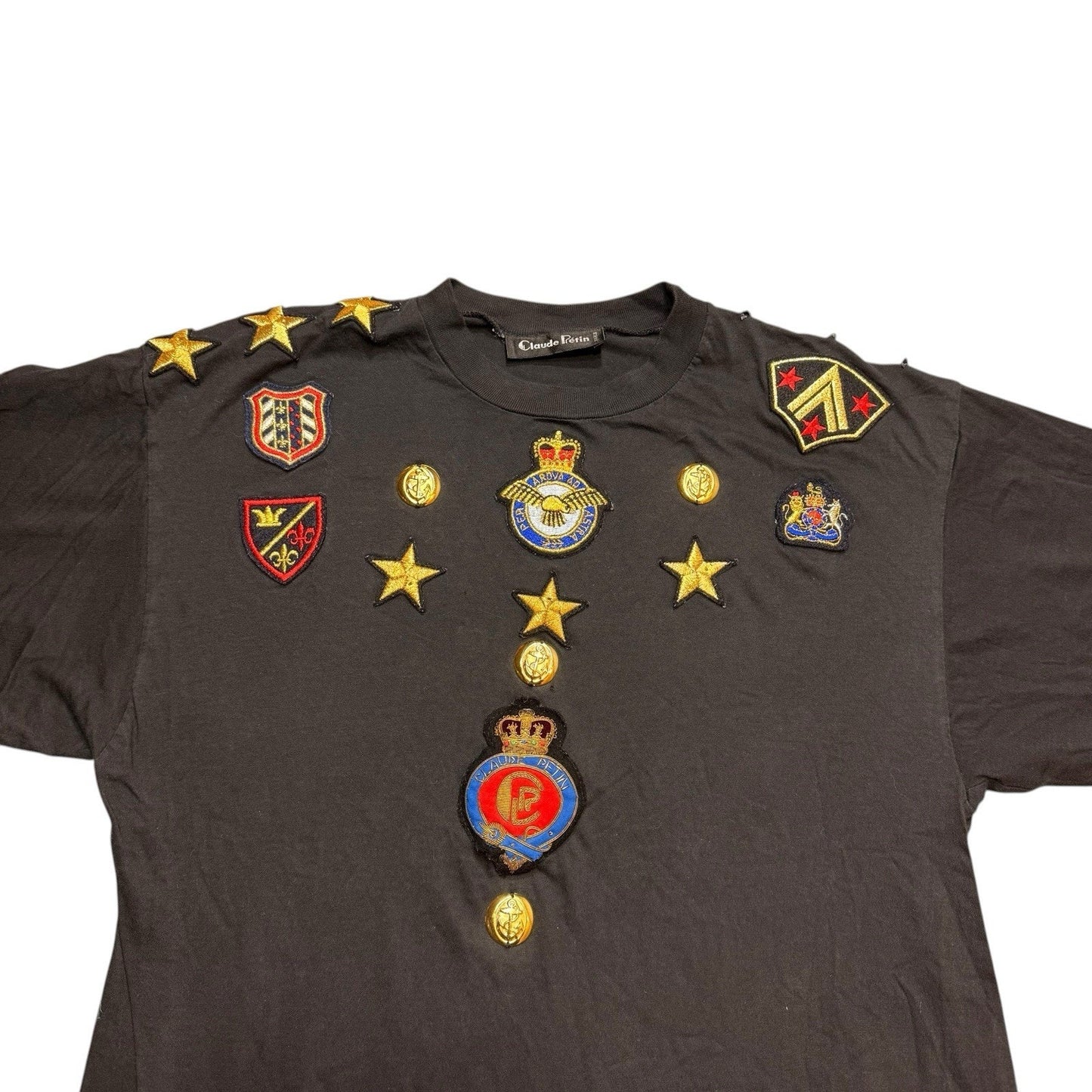 Claude Pretin Vintage Women’s Medium Black Military Patch T-Shirt Embroidered Stars