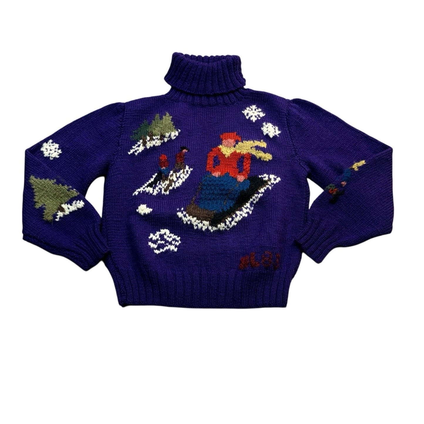 Vintage Ralph Lauren Hand Knit Wool Women's Sweater RL83 Ski Snow Scene Purple M UK Made