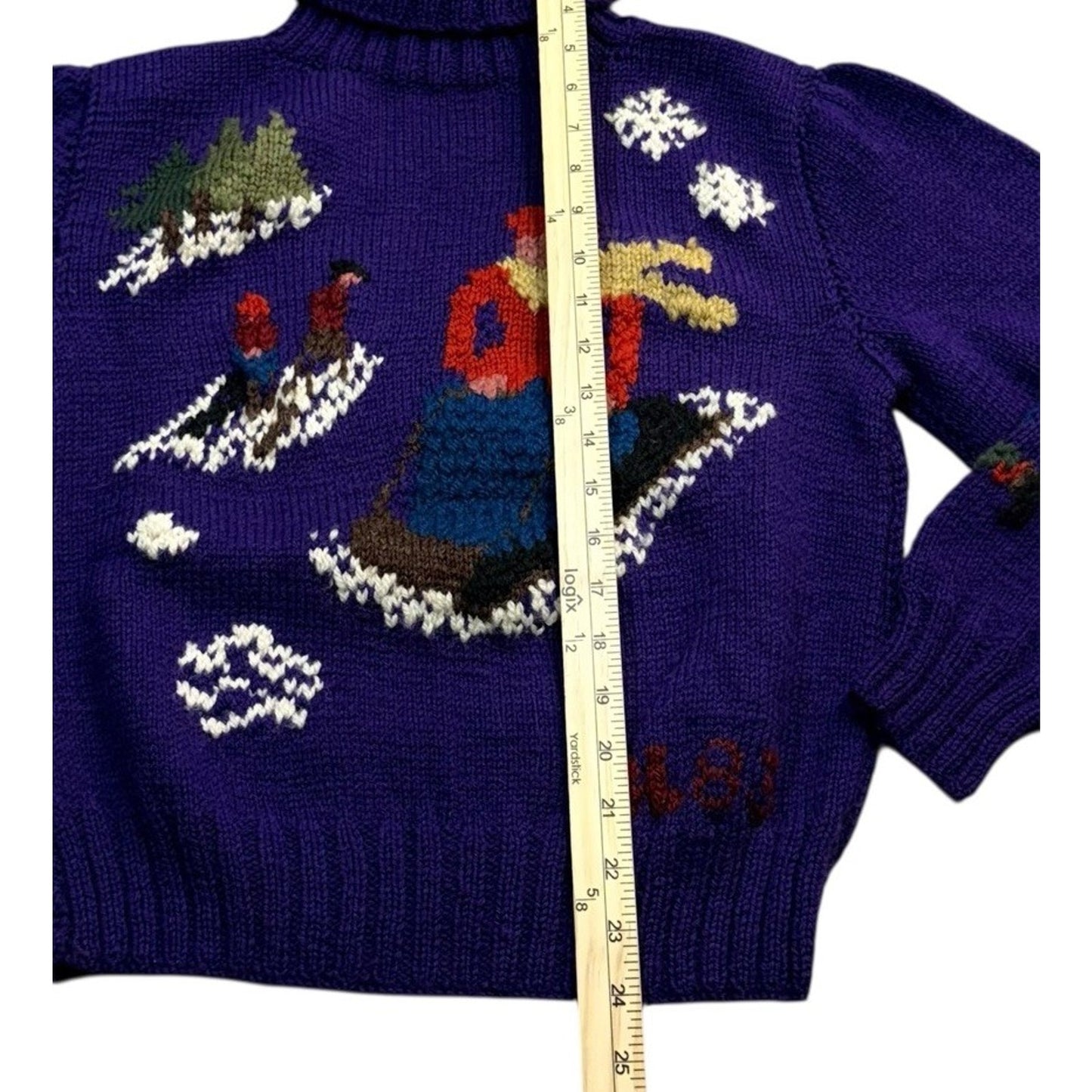 Vintage Ralph Lauren Hand Knit Wool Women's Sweater RL83 Ski Snow Scene Purple M UK Made