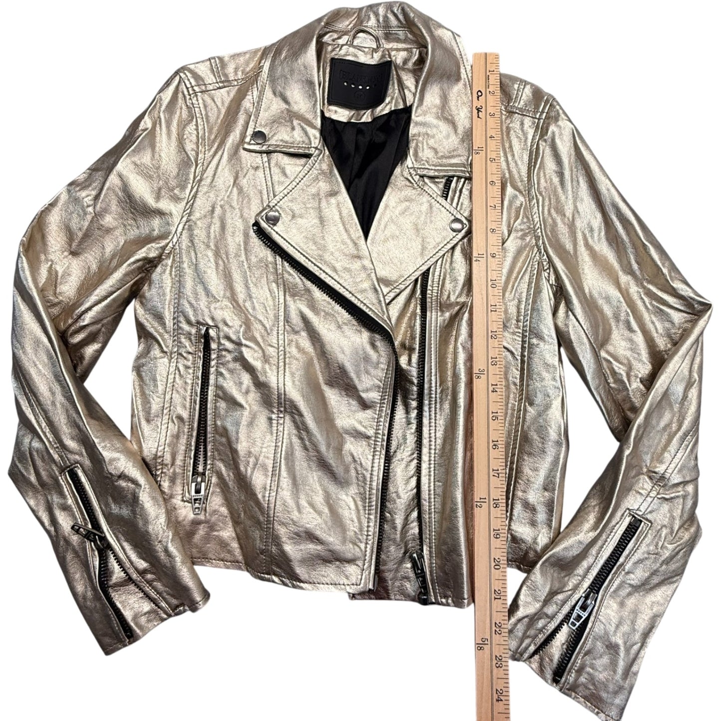 BlankNYC Women’s Medium Metallic Gold Moto Biker Leather Jacket Zip Pockets