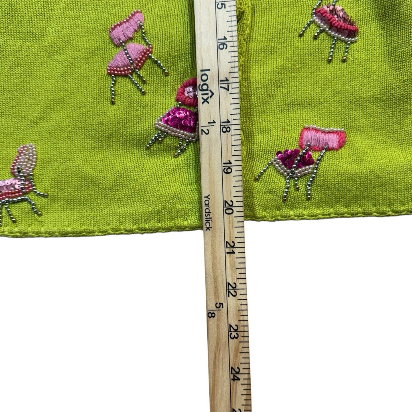Michael Simon Women’s Small Green Sweater Pink Beaded Chairs Pop Art Design