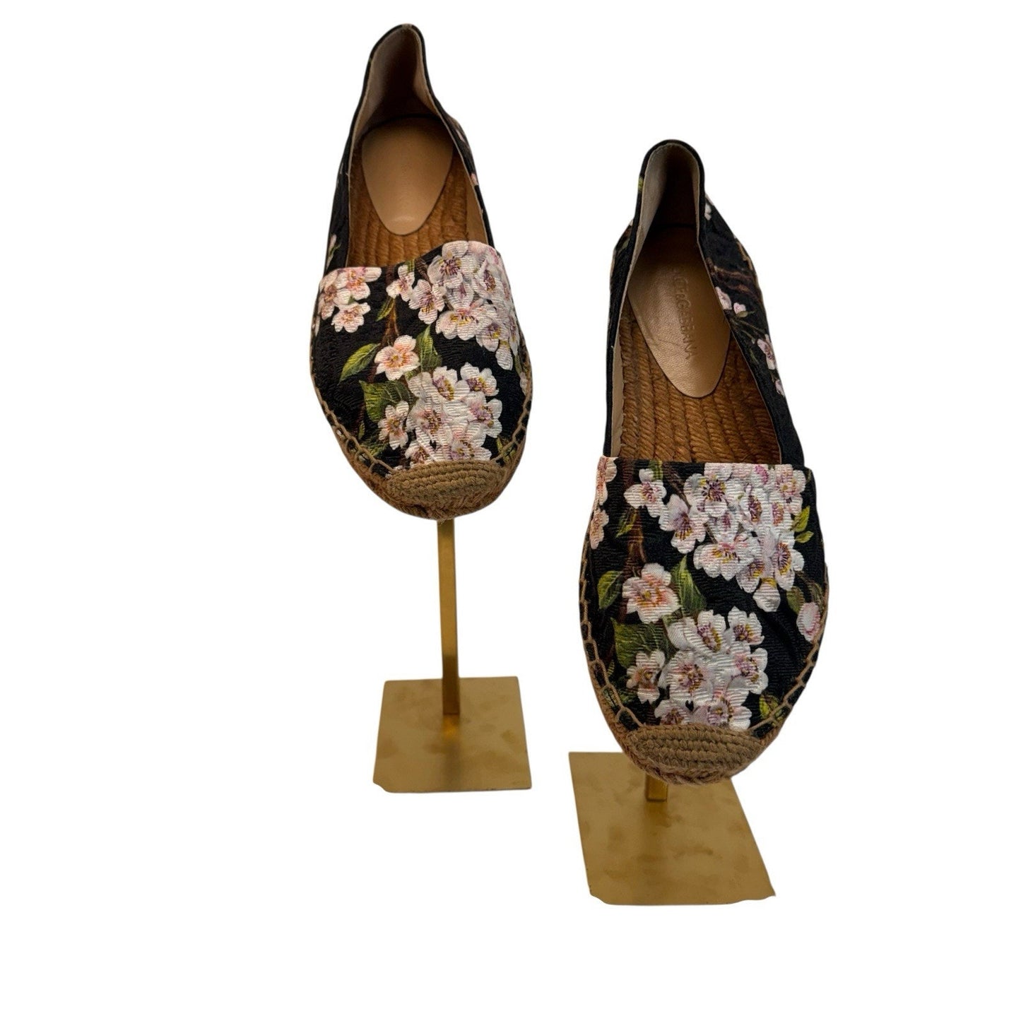 Dolce & Gabbana Floral Espadrille Flats/Shoes Black Canvas Leather Sole Women’s 6