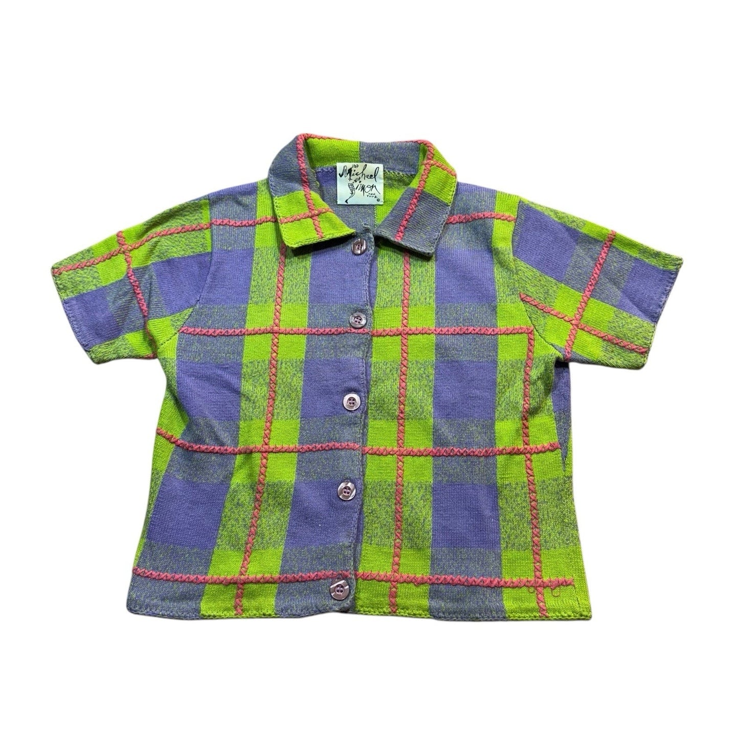 Vintage Michael Simon Button-Up Women’s Small Green Purple Plaid Knit Short Sleeve