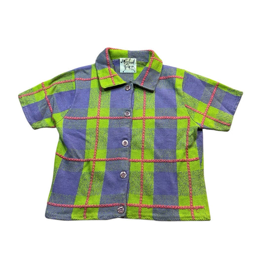 Vintage Michael Simon Button-Up Women’s Small Green Purple Plaid Knit Short Sleeve