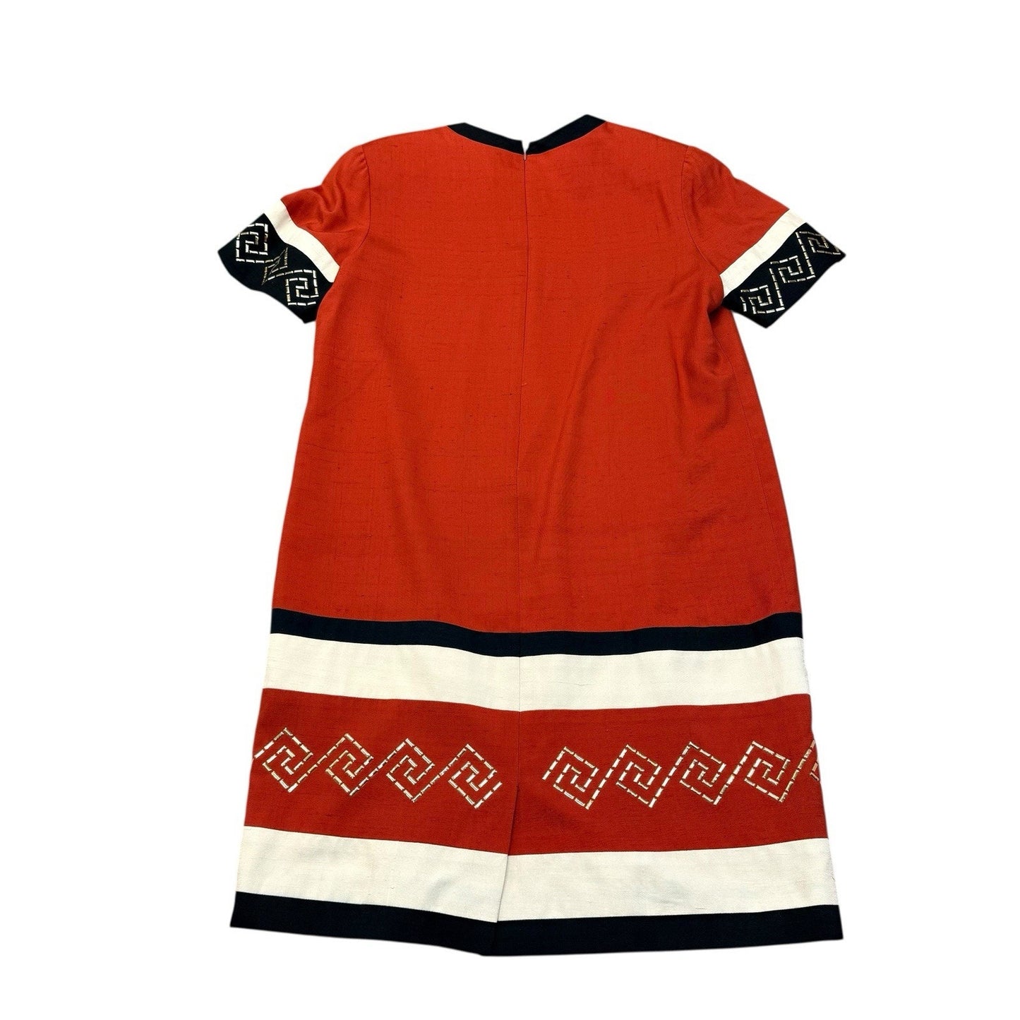 Vintage Steve Fabrikant Red Silk Shift Dress Greek Key USA Size 14 Women's