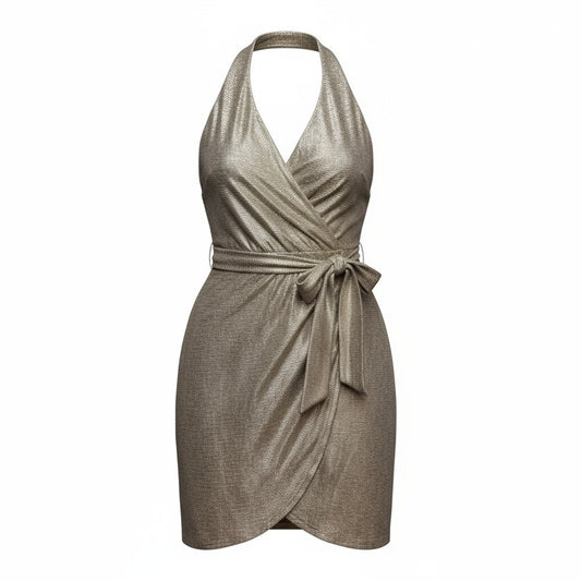 Ramy Brook Maura Metallic Gold Halter Wrap Dress Size L NWT $325 Party Cocktail Women's