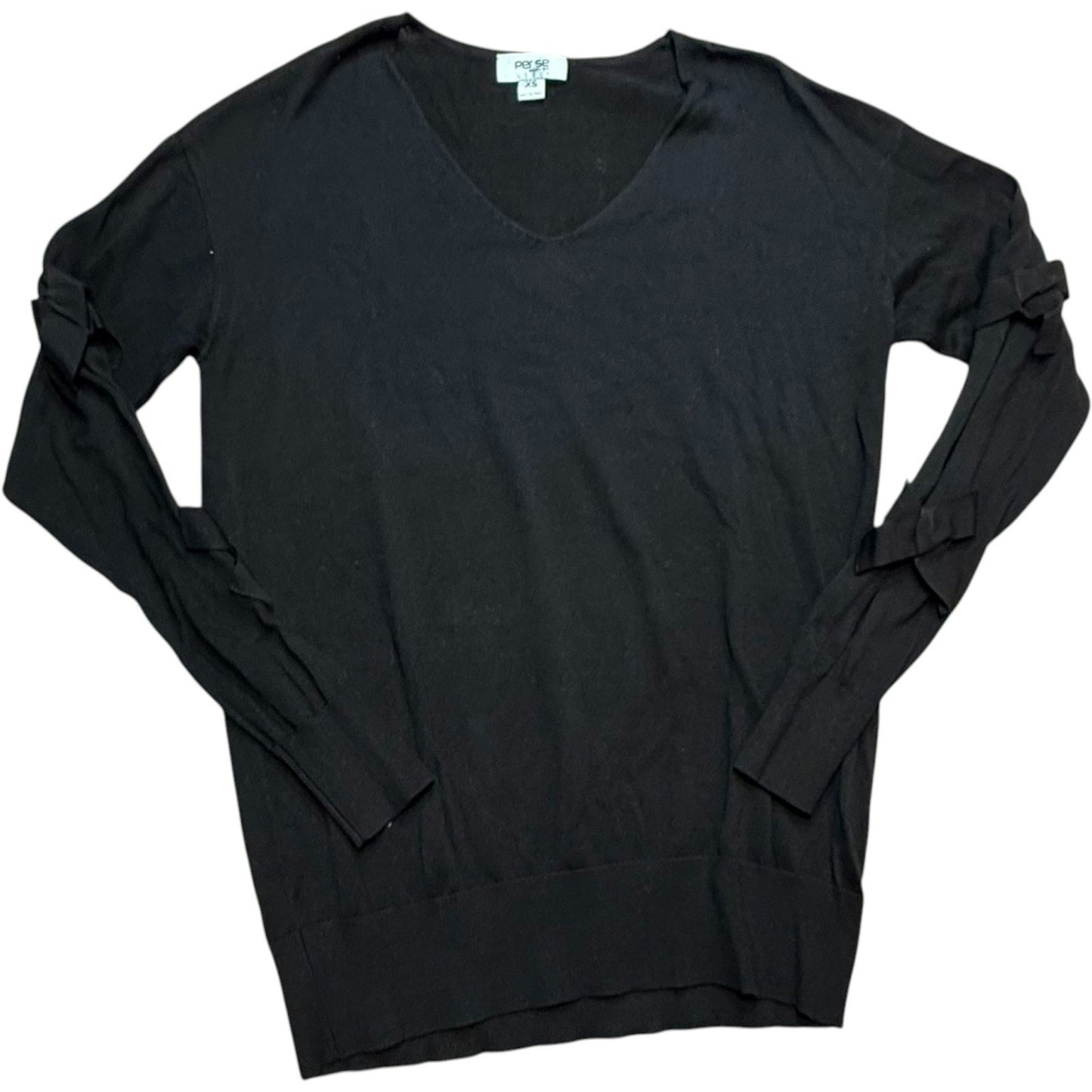 Per Se by Carlisle Black 100% Silk V-Neck Long Split Sleeve w/Bows Blouse XS Y2K Women's Blouse