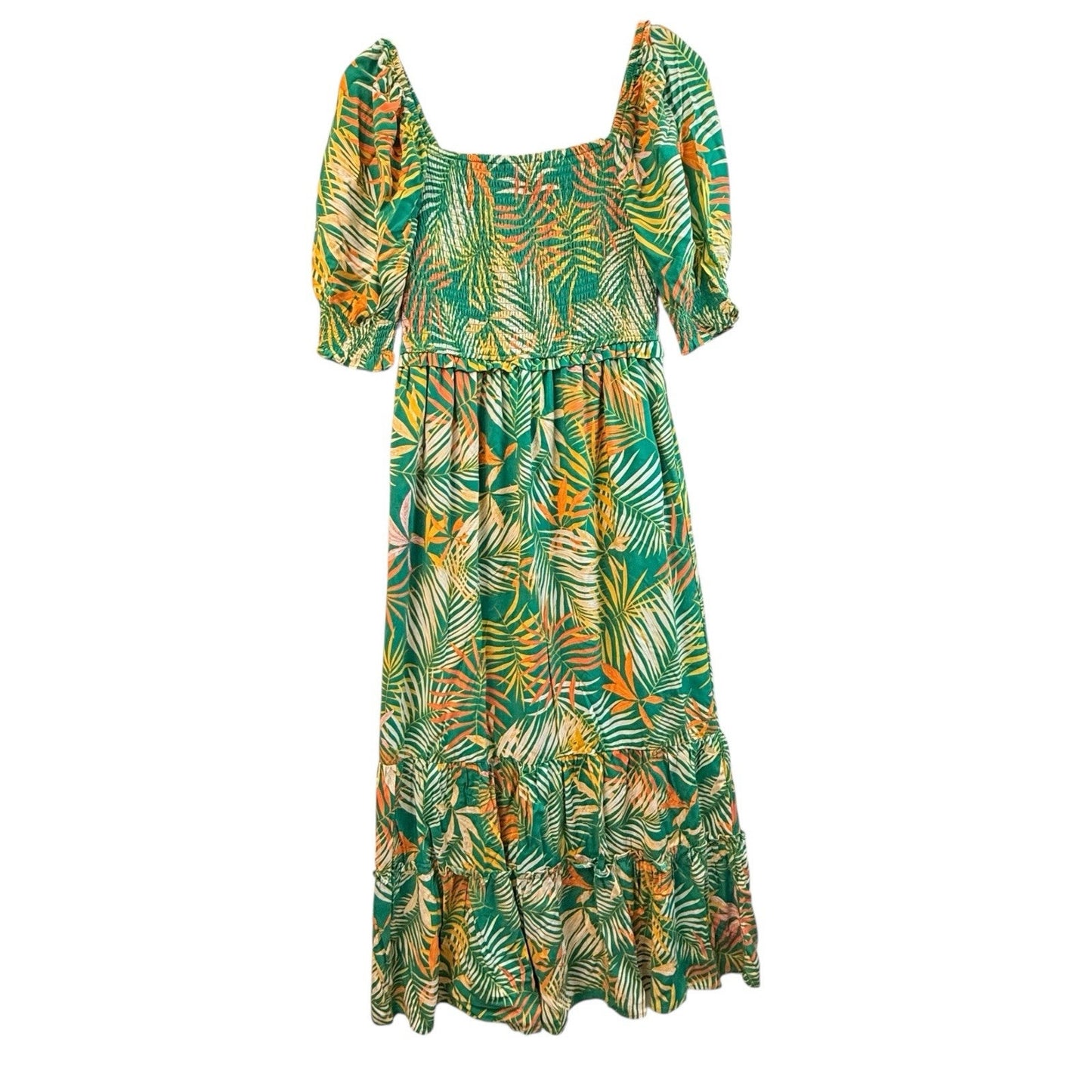 Betsey Johnson Tropical Palm Maxi Dress Smocked Size M Women's