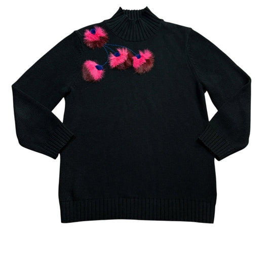 Carlisle New York Women’s Small Sweater Black Pink Pom Pom Wool Knit Turtleneck