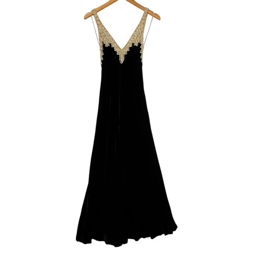 Vintage Y2K Ralph Lauren Collection Black Velvet Beaded Gown Dress 4 Women's