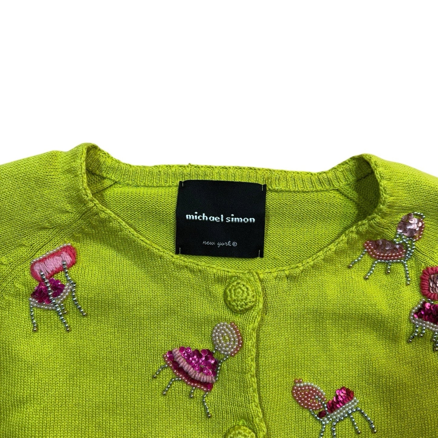 Michael Simon Women’s Small Green Sweater Pink Beaded Chairs Pop Art Design