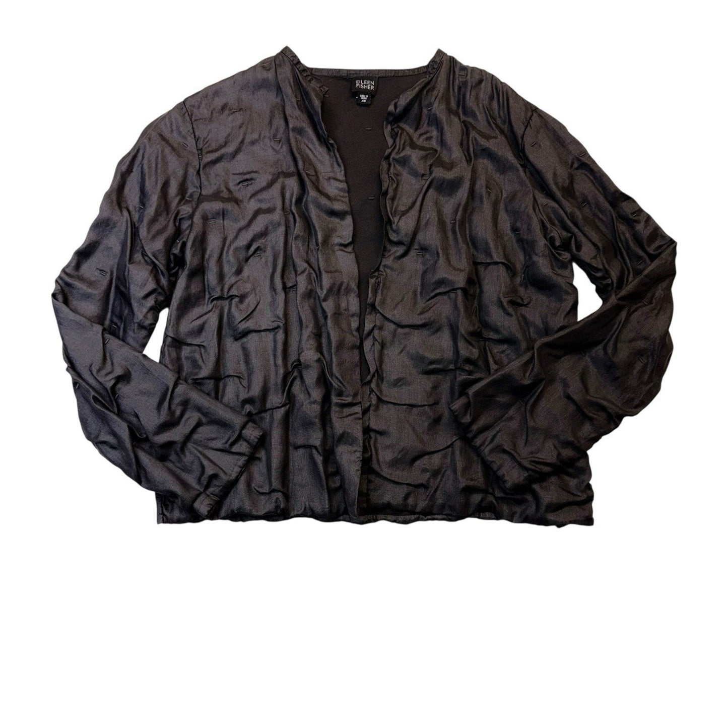 Eileen Fisher Black Silk Zip Up Jacket Women's XS Ruched Lightweight
