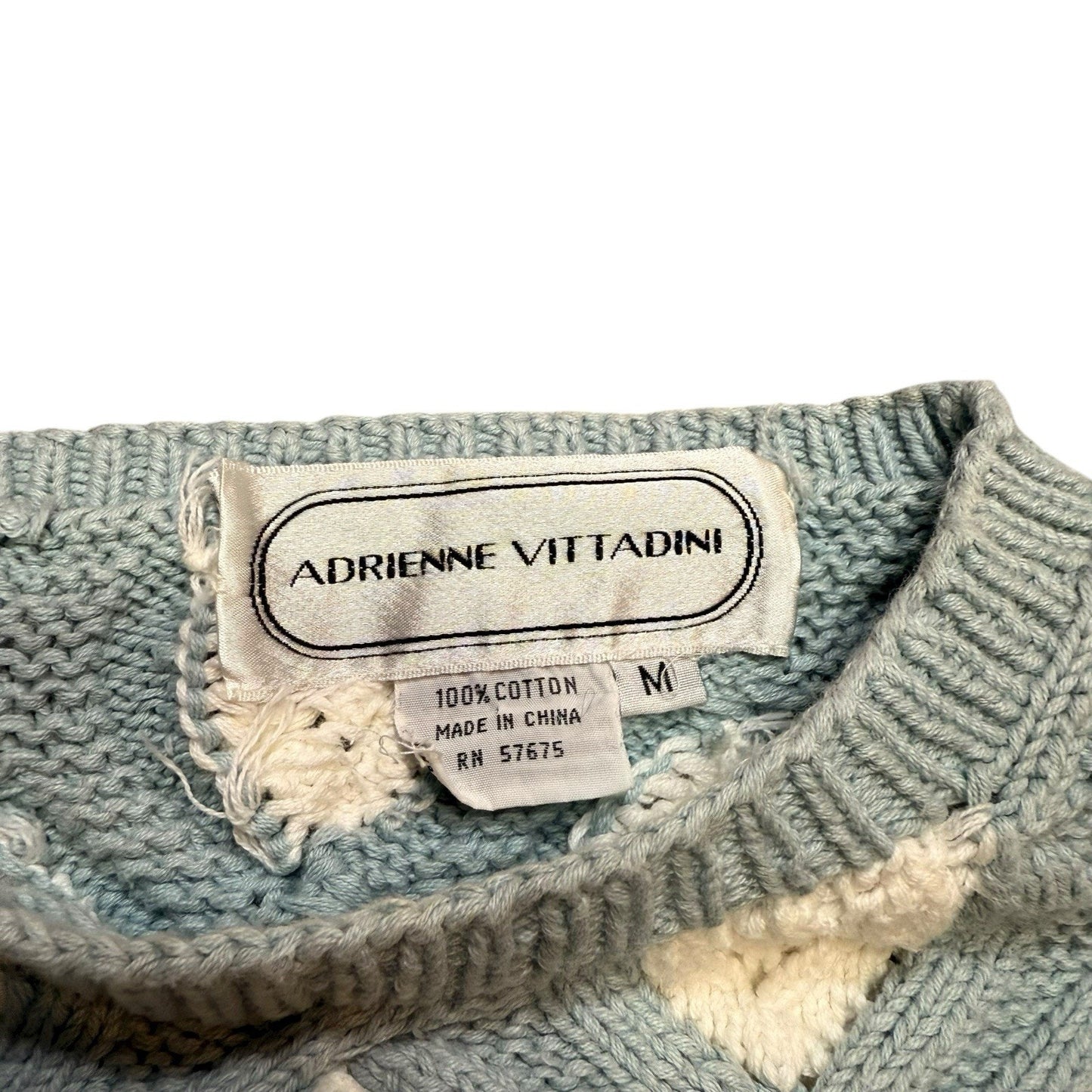 Vintage Adrienne Vittadini Sweater Chunky Knit Blue Cream Wool Blend Pullover M Women's