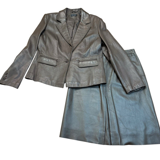Context Brown Leather Skirt Suit Women’s Size 14 Blazer Pencil Skirt Set