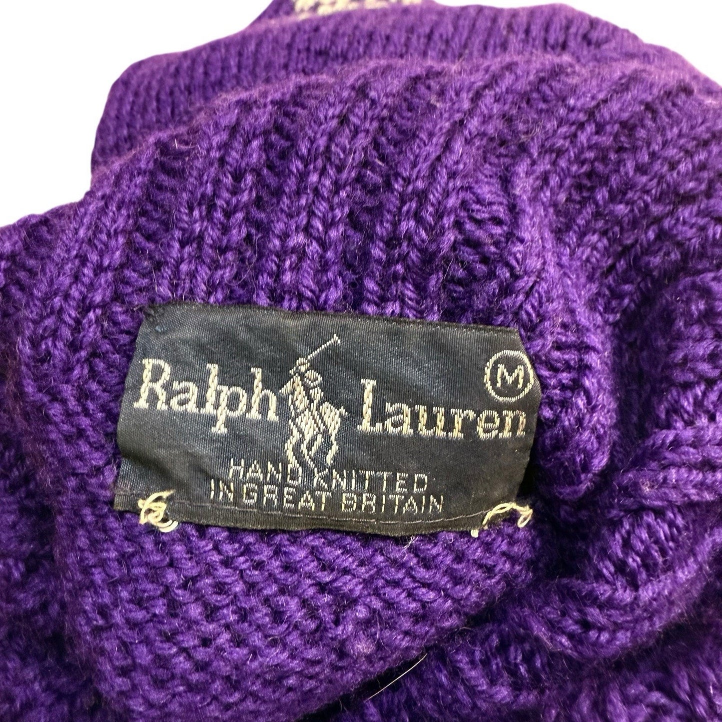 Vintage Ralph Lauren Hand Knit Wool Women's Sweater RL83 Ski Snow Scene Purple M UK Made