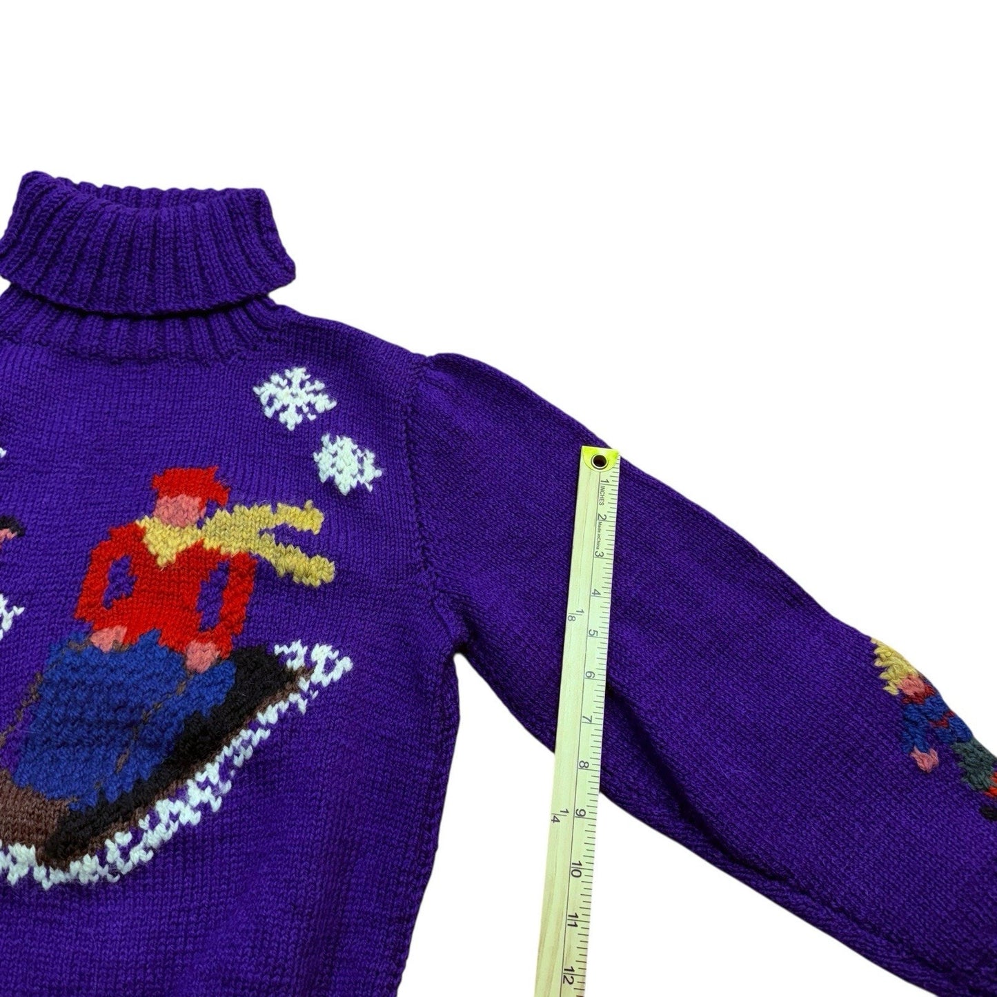 Vintage Ralph Lauren Hand Knit Wool Women's Sweater RL83 Ski Snow Scene Purple M UK Made