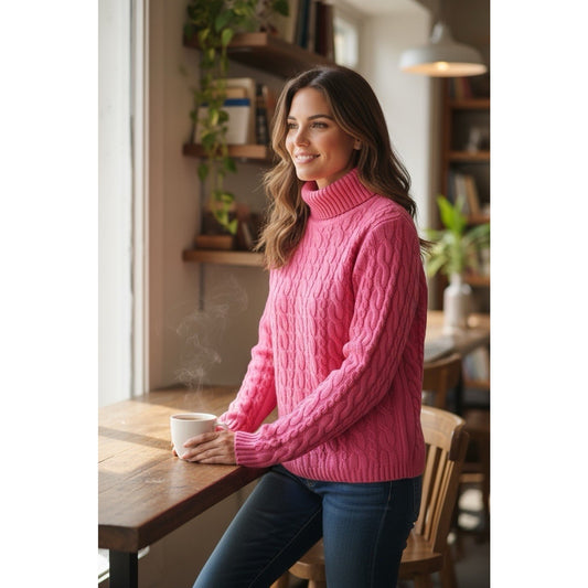 VTG Don Caster Sports Women’s 100% Cashmere Cable Knit Turtleneck Sweater Sz Small Pink