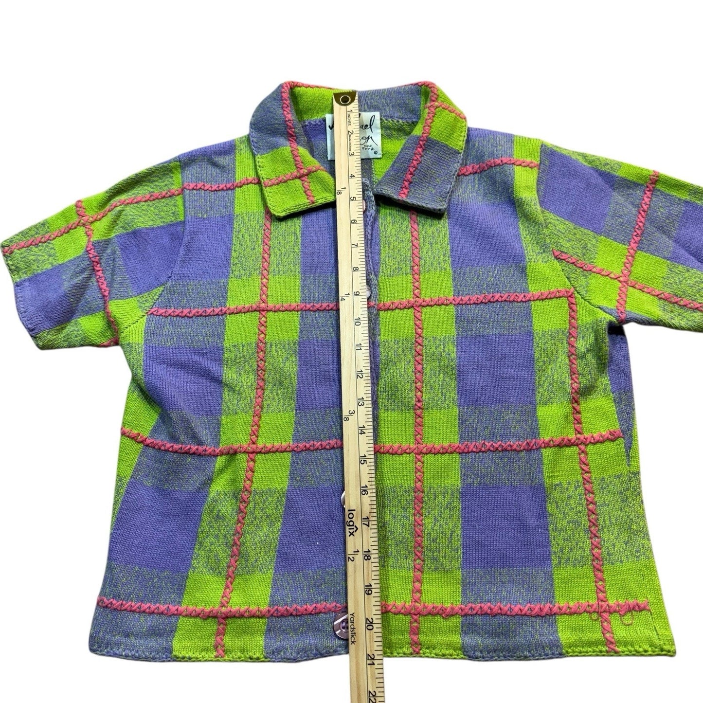 Vintage Michael Simon Button-Up Women’s Small Green Purple Plaid Knit Short Sleeve