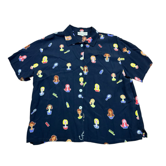 David Dart Novelty Print Button Shirt Women's P Navy Short Sleeve Blouse