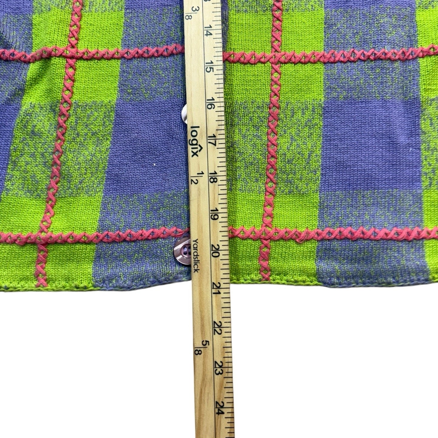 Vintage Michael Simon Button-Up Women’s Small Green Purple Plaid Knit Short Sleeve