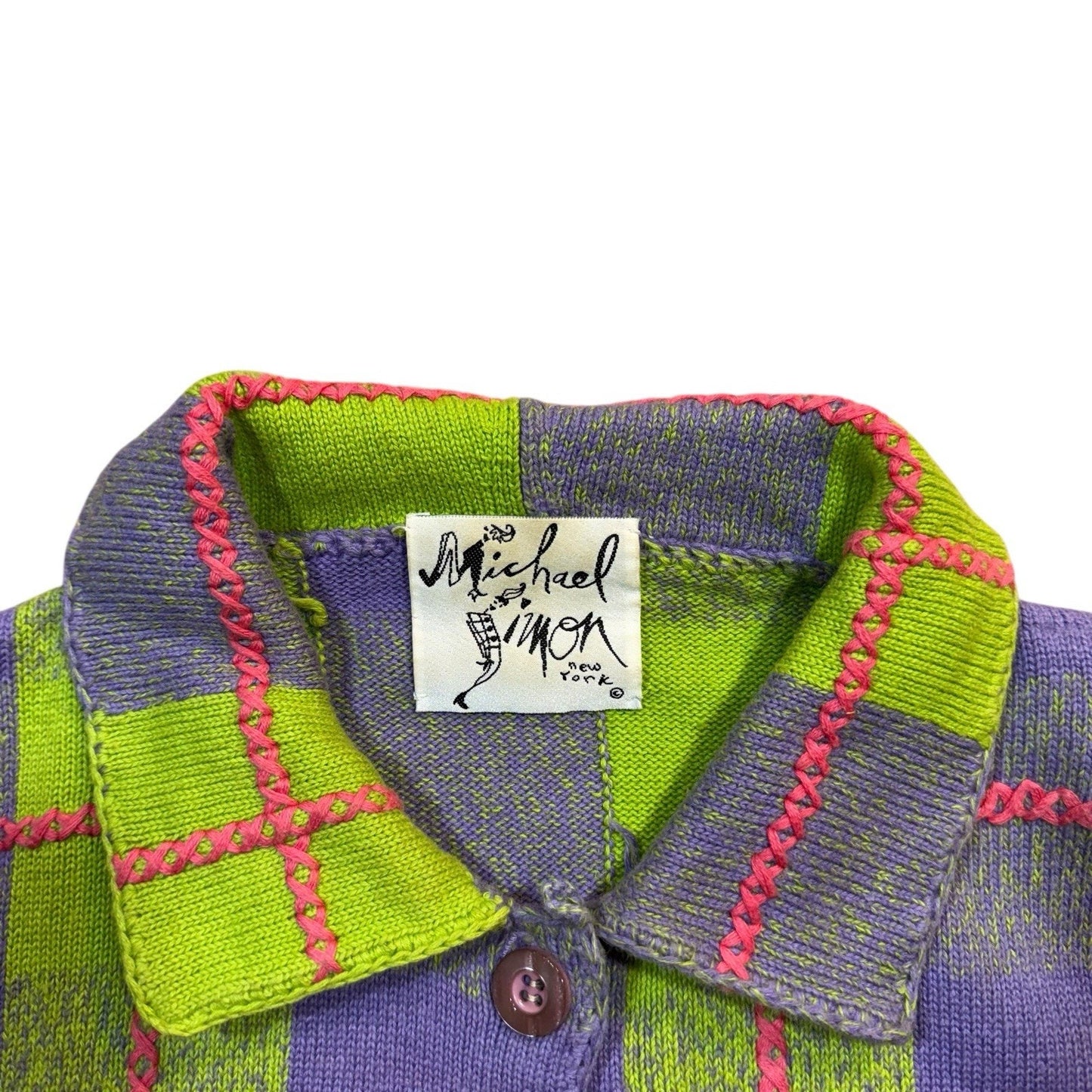 Vintage Michael Simon Button-Up Women’s Small Green Purple Plaid Knit Short Sleeve