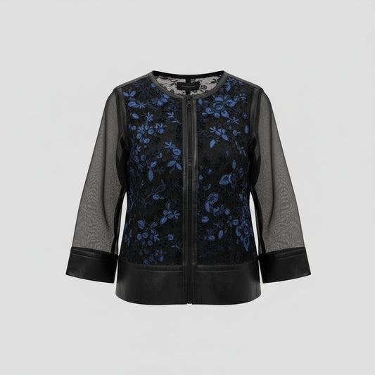 Carlisle Women’s Size 2 Black Blue Sheer Sleeve Embroidered Jacket Top