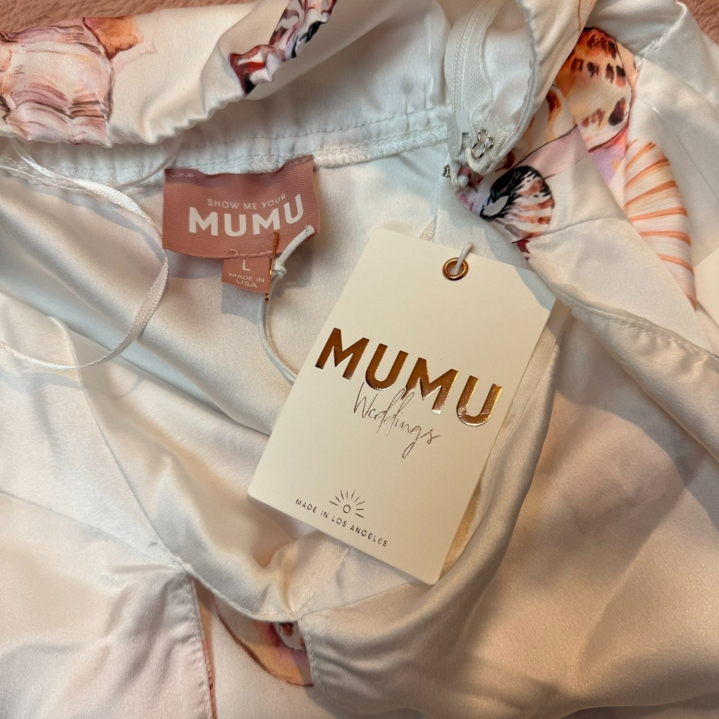 Women's NWT Mumu Weddings White Adele Halter Luxe Satin Maxi Dress Size Large w/ Shells