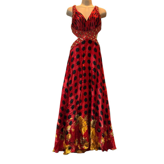 Tiffany Designs Women’s Sz 8 Red Polka Dot Beaded Formal Gown Open Strappy Back Dress