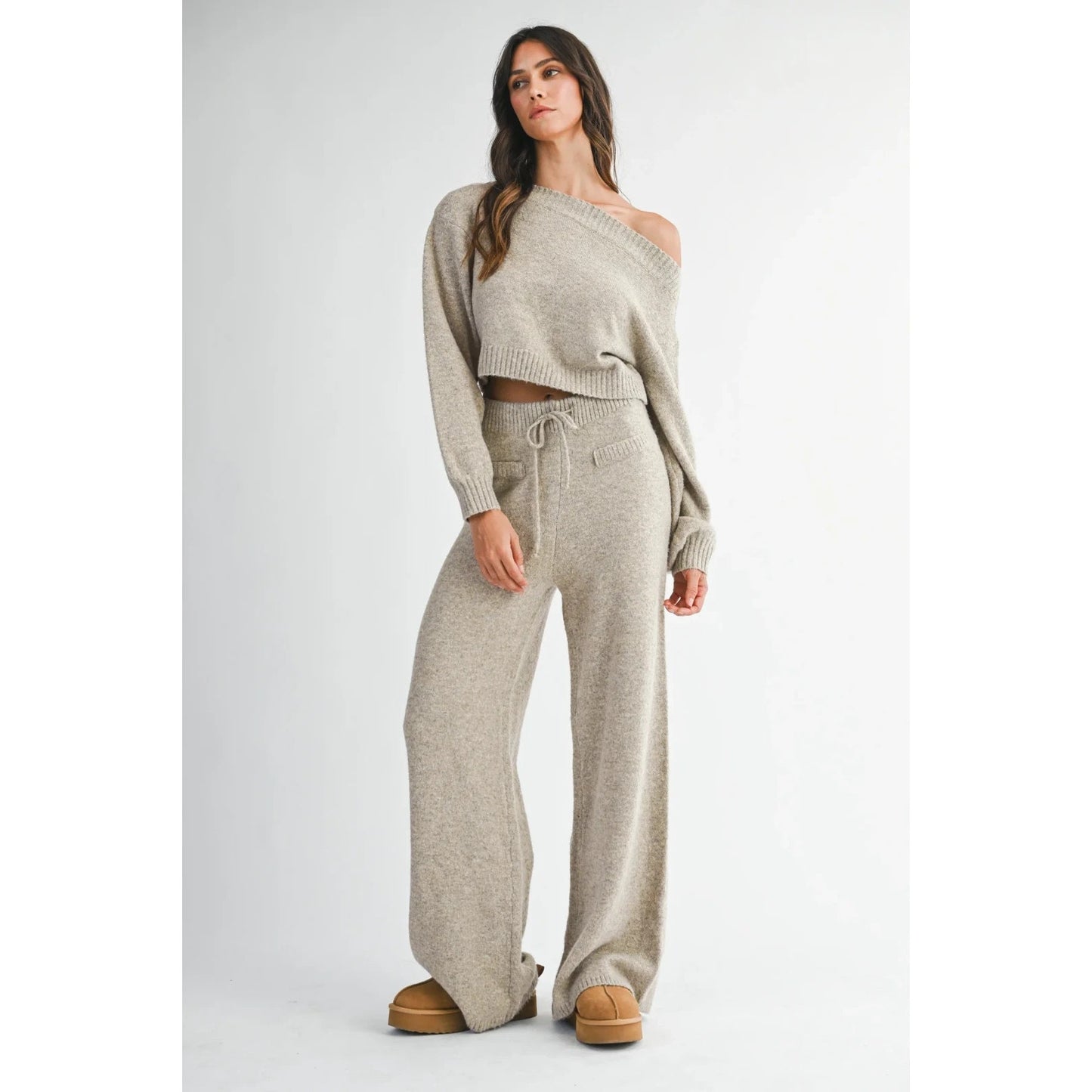 Mable Women’s Latte Mocha Knit Lounge Set Off Shoulder Crop Sweater Pants NEW