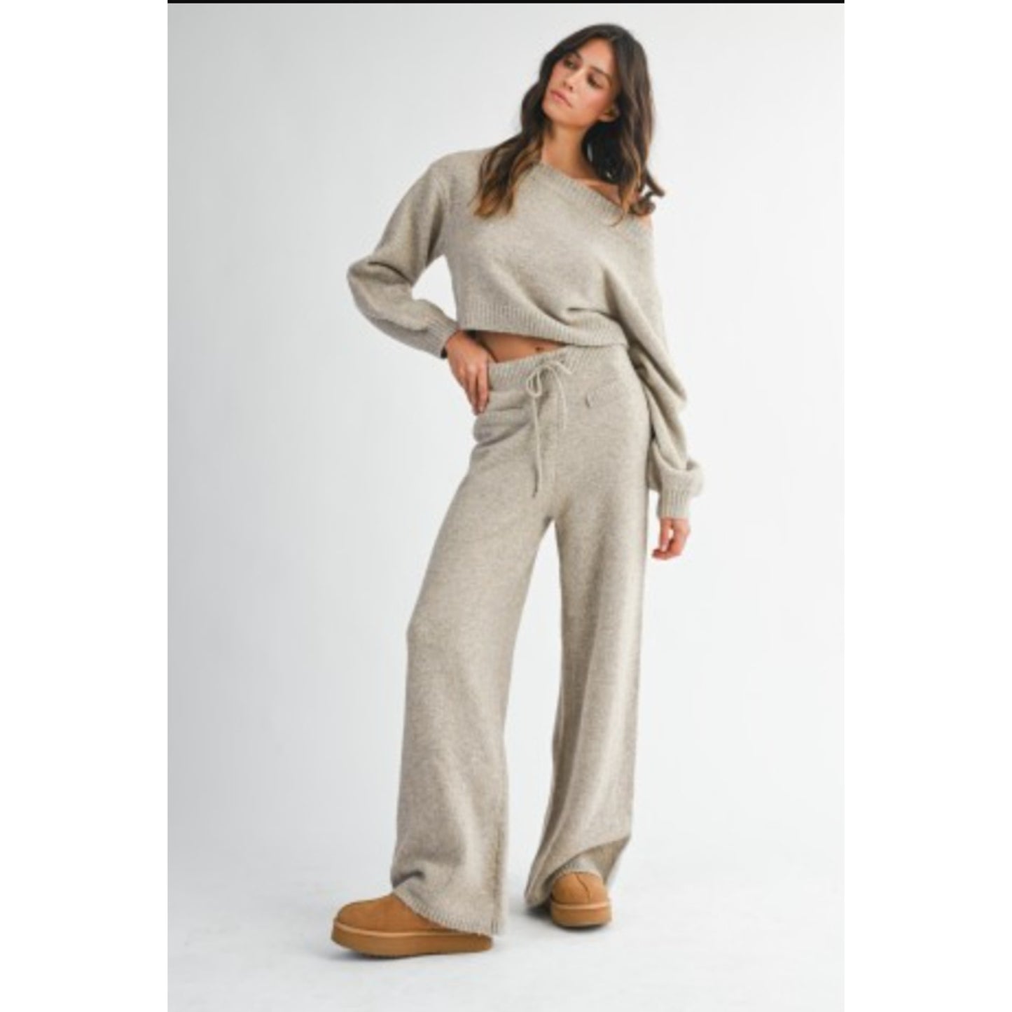 Mable Women’s Latte Mocha Knit Lounge Set Off Shoulder Crop Sweater Pants NEW