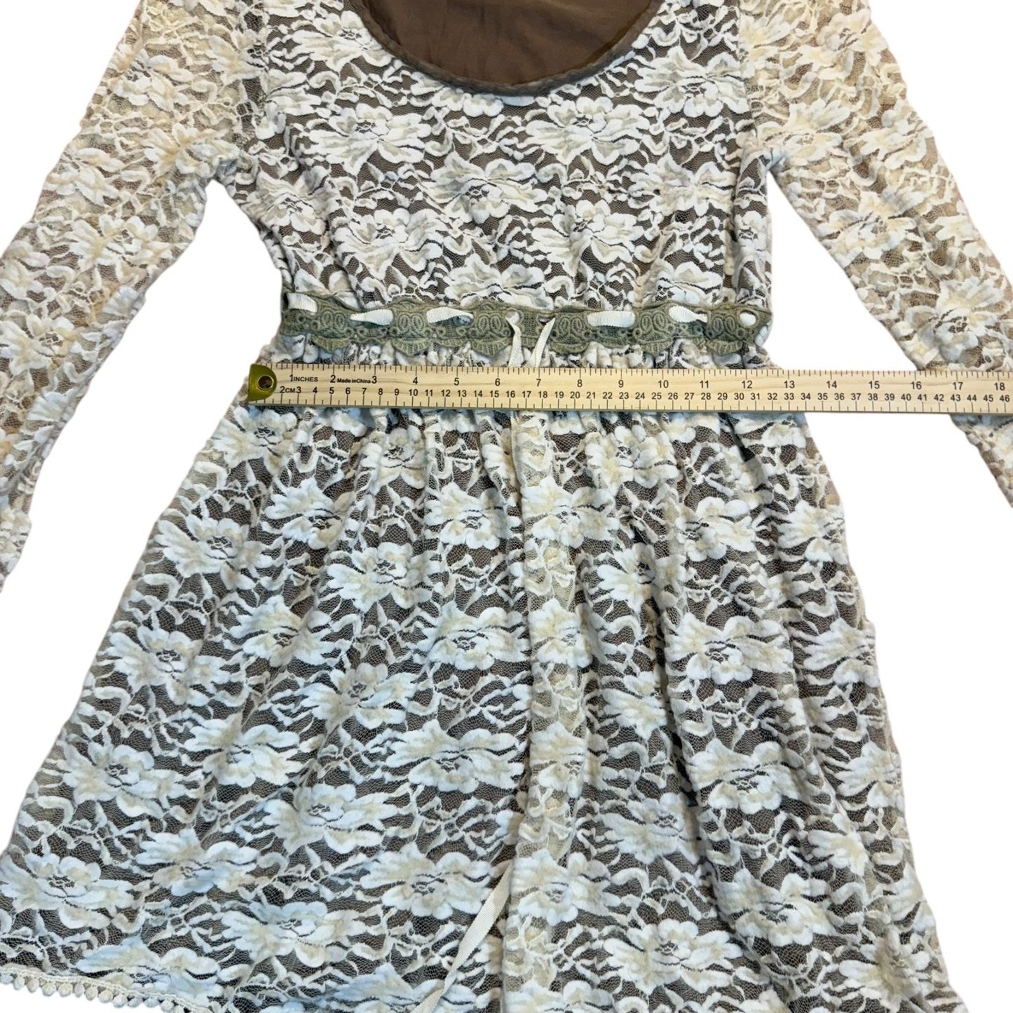 A'reve Women's Size Small Brown Beige Lace-Overlay Prairie Dress with Belt