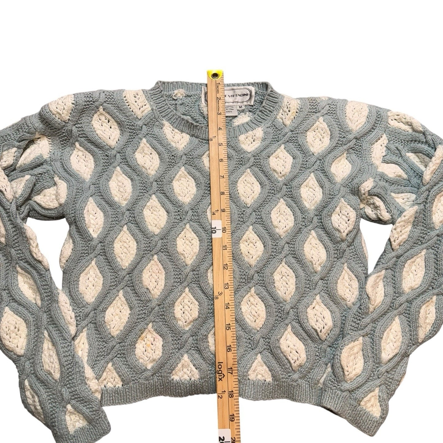 Vintage Adrienne Vittadini Sweater Chunky Knit Blue Cream Wool Blend Pullover M Women's