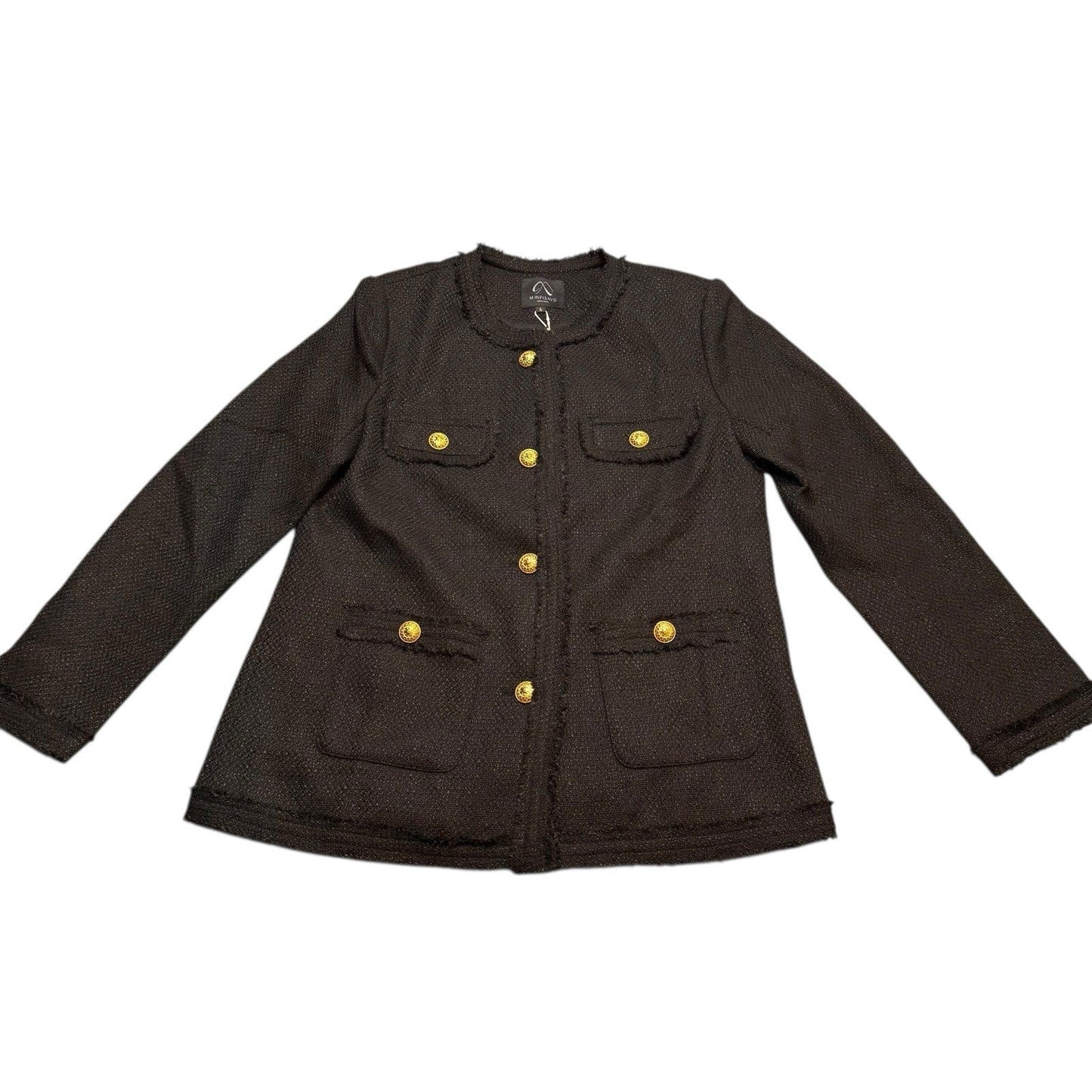 NWT M. Infisavo New York Women’s Black Blazer Size L Gold Button Tweed Jacket