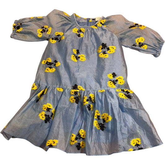 Girls Blue Chiffon Dress Size M Yellow Black Floral Lined Puff Sleeve NWT Women's