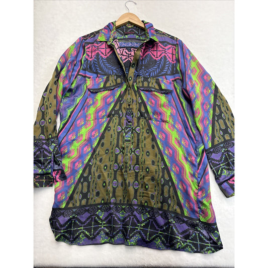 CUSTO BARCELONA Size M Neon Multi-Color Silk Rayon Tunic Blouse 42 Vintage Women's
