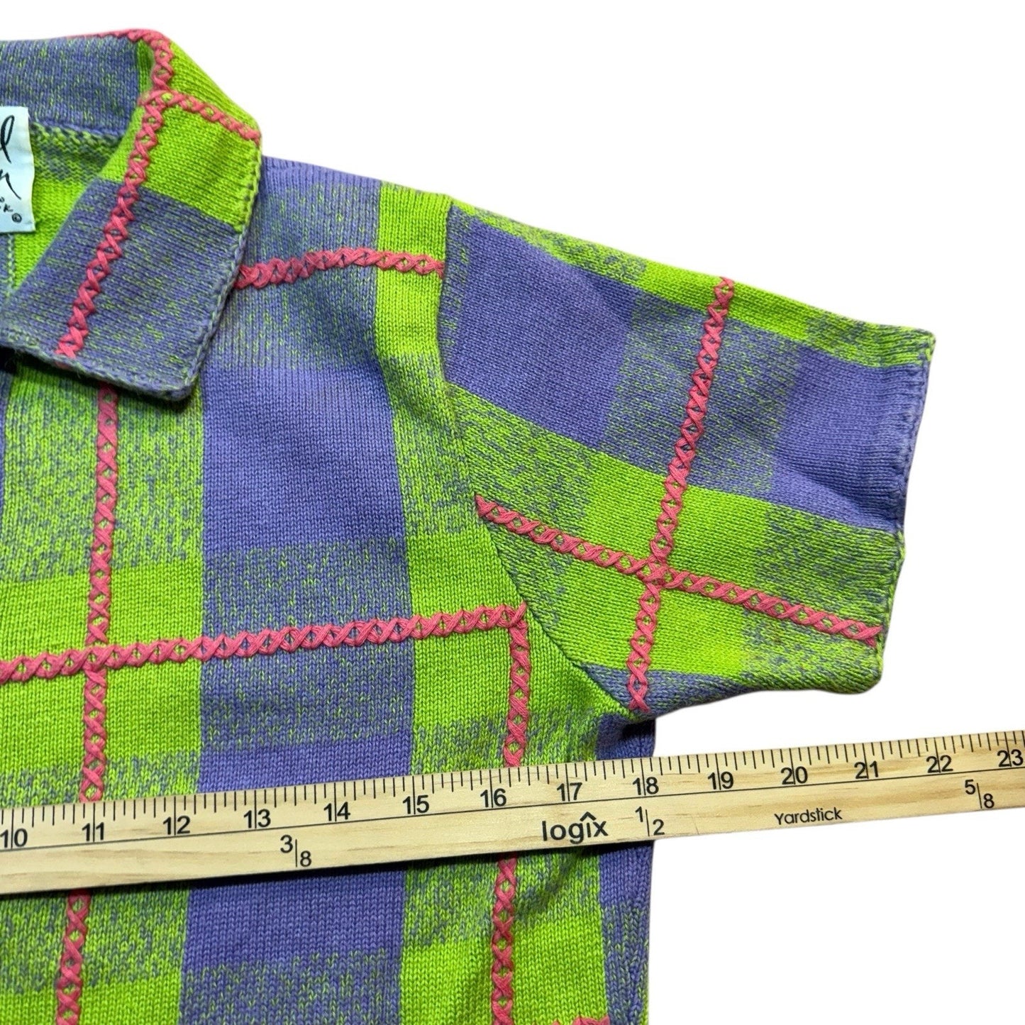 Vintage Michael Simon Button-Up Women’s Small Green Purple Plaid Knit Short Sleeve