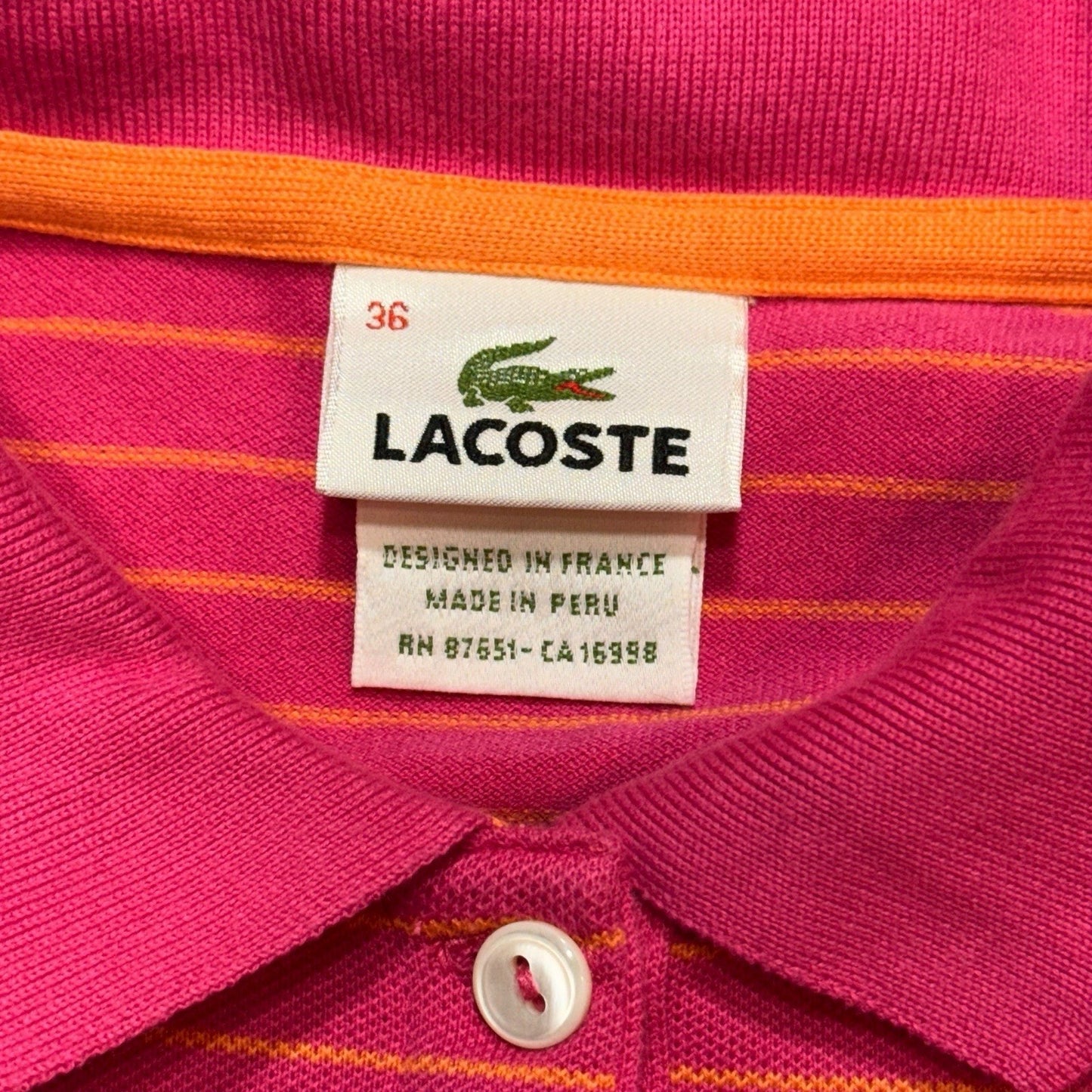 Lacoste Pink Orange Stripe Blouse Sleeve Polo Shirt Women’s Size 36 Cotton