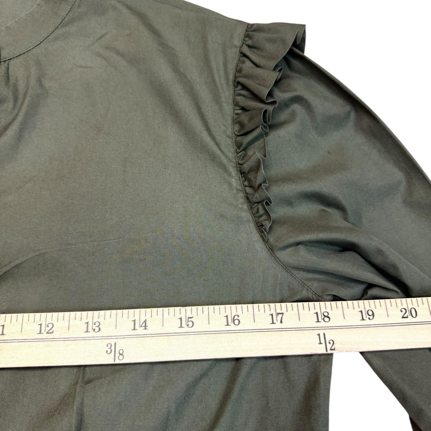 Vintage Perry Ellis Olive Green Ruffle Blouse Hong Kong Cotton Shirt Women's