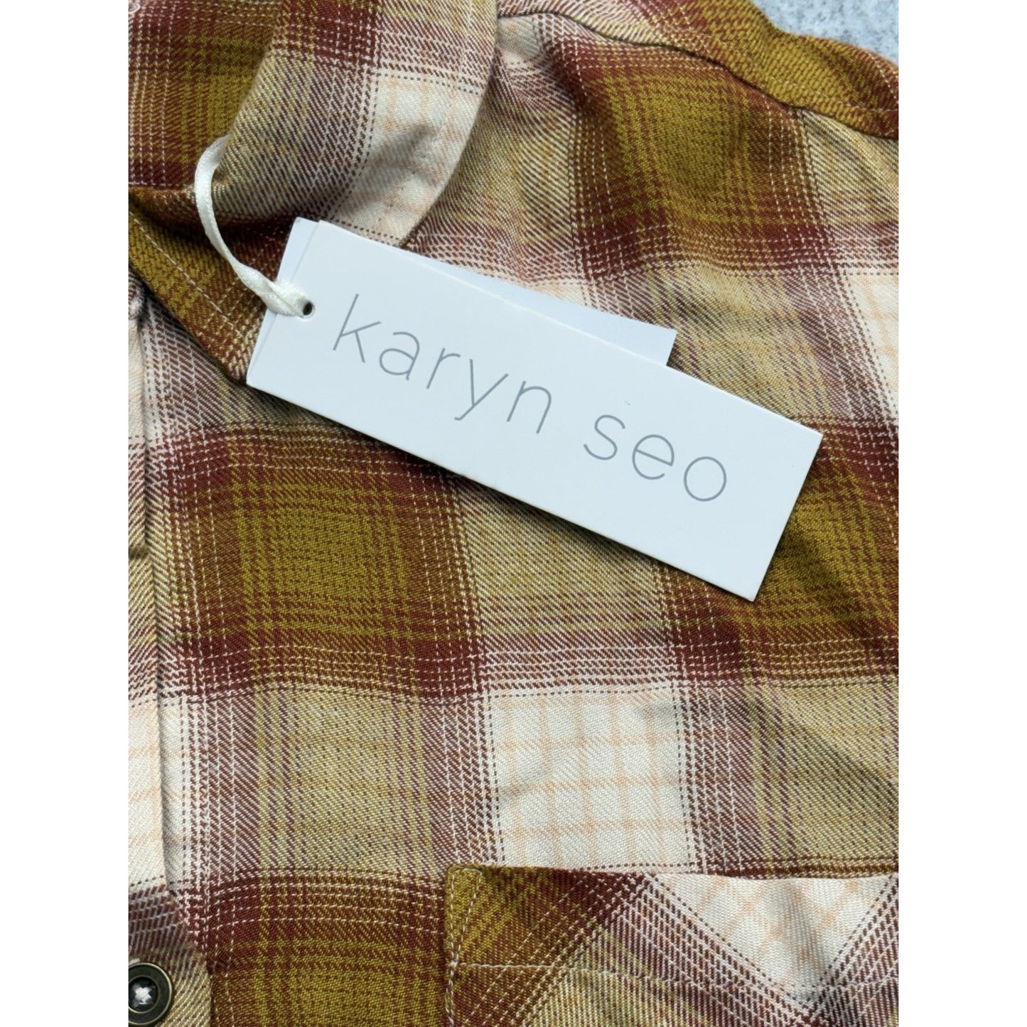 Karyn Seo Old Gold Plaid Hand Made Size Large - NWT Women's Button-Up