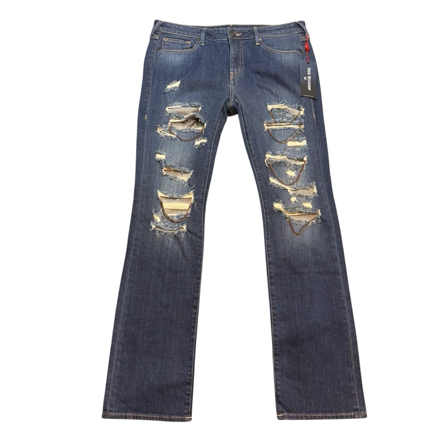 True Religion Billie Mid-Rise Chained Straight Jeans Sz 32 Blue Distressed NWT Women's