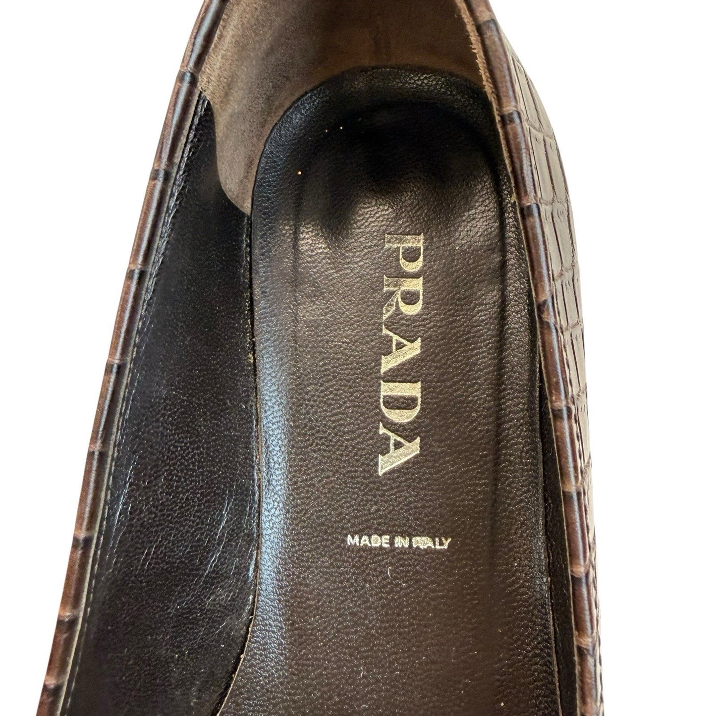Prada Croc Embossed Leather Horsebit Pumps Brown Vintage Heels/Shoes Women’s EU 34.5