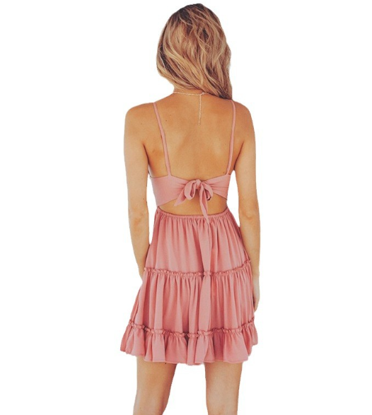 V-Neck Women's Chiffon Ruffled Hem Dress with Spaghetti Straps