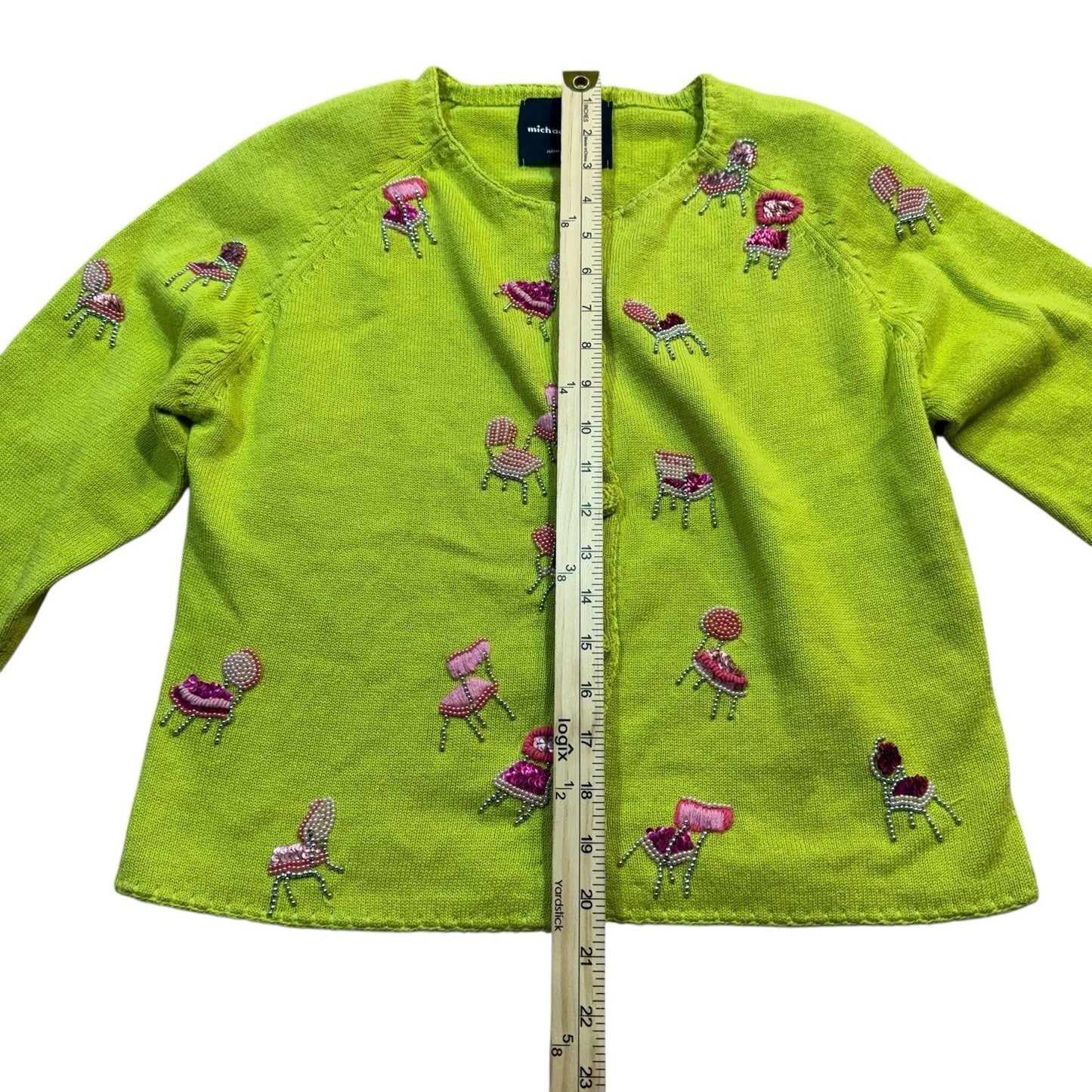 Michael Simon Women’s Small Green Sweater Pink Beaded Chairs Pop Art Design