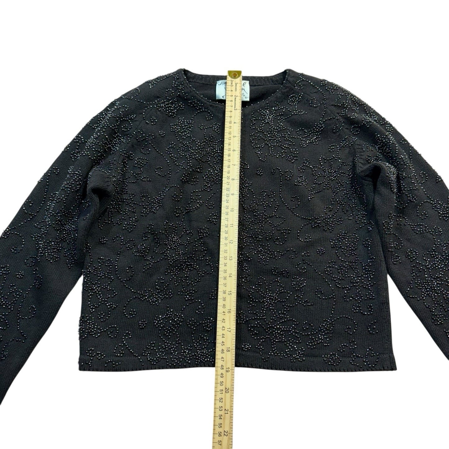 Michael Simon Women’s Small Black Sweater Beaded Floral Cardigan Vintage